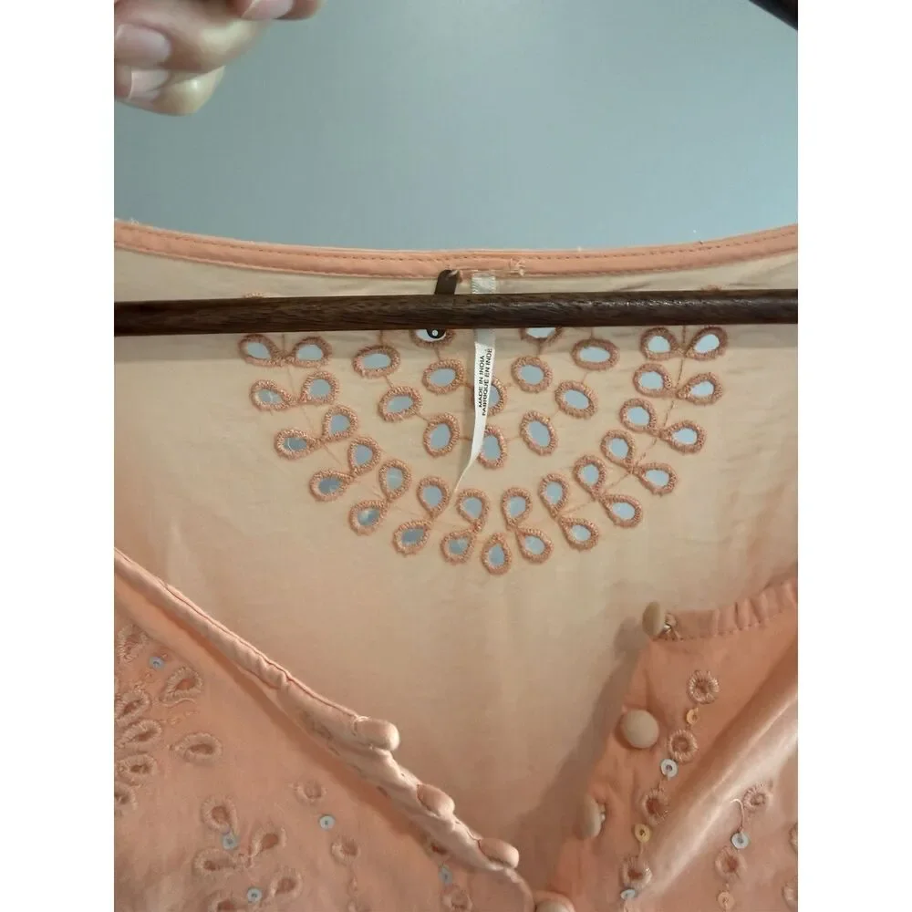 Free People Sea Of Love Tunic Top Peach Eyelet Bell Sleeve Blouse Boho Sequin Lg